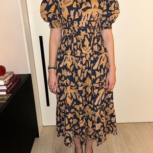 Ulla Johnson Navy and Gold Midi Dress